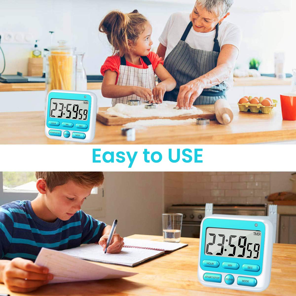 HASTHIP LCD Digital Timer Magnetic Alarm Clock 24hs Countdown Timer Time Reminder Baking Timer with Folding Bracket Battery Powered Timer for Kitchen, Study, Working Out, Blue
