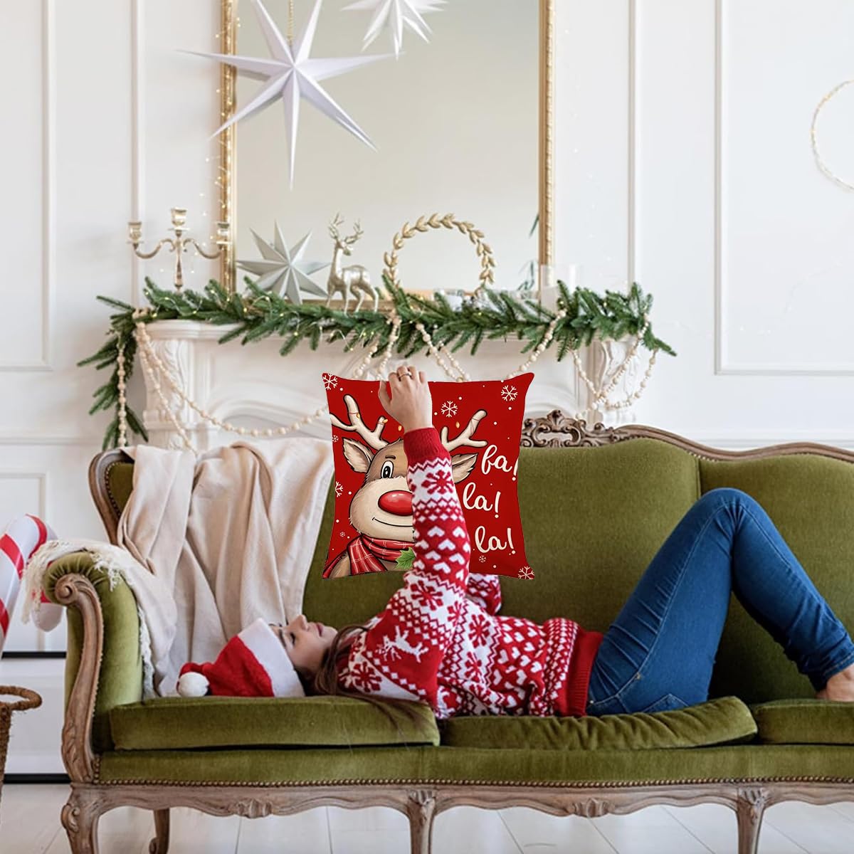 HASTHIP® 4Pcs Christmas Square Pillow Covers 15.7 inches Red Square Linen Printed Pillow Cover Classic Christmas Sofa Pillow Covers Square Pillow Covers for Christmas
