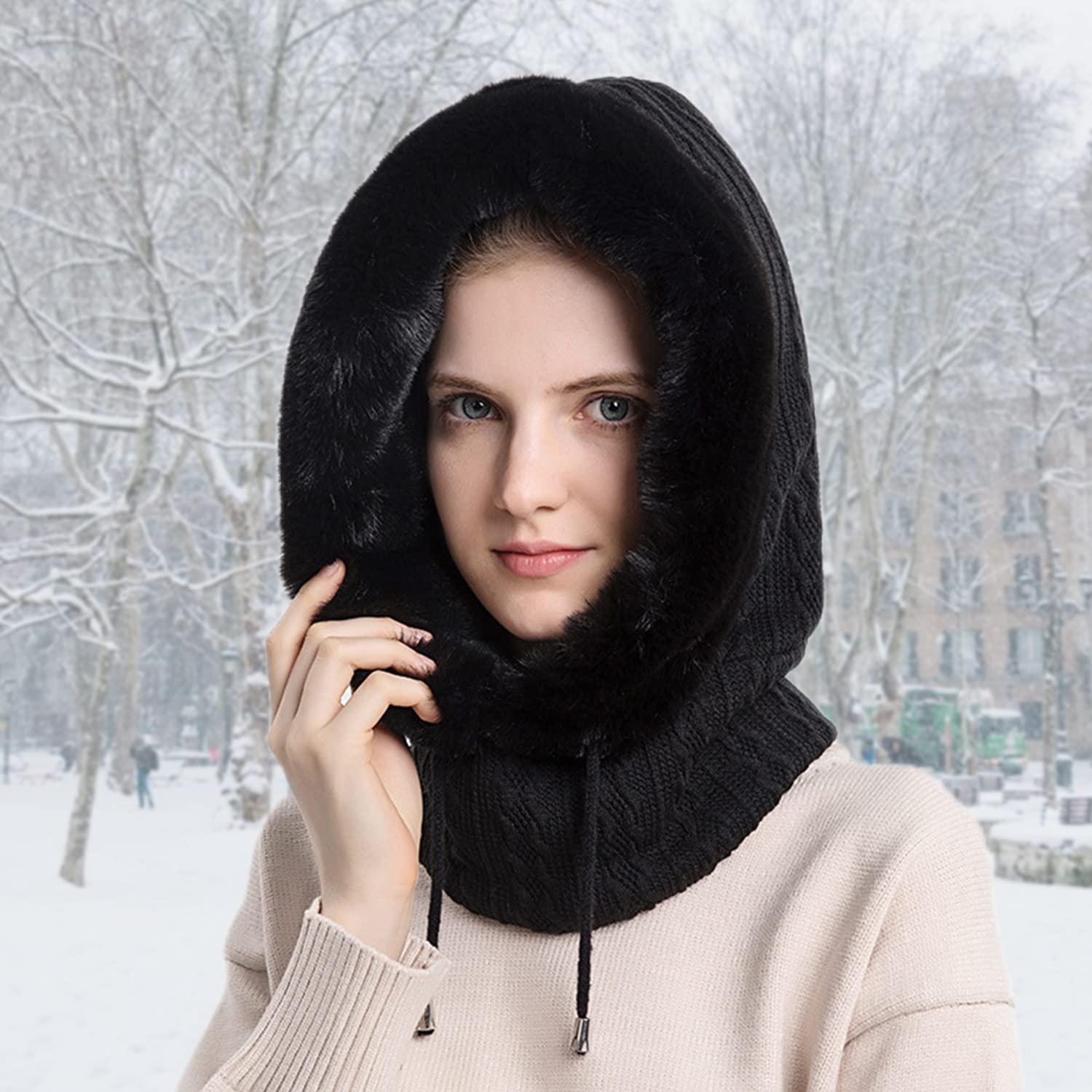 PALAY Winter Cap for Women One-piece Knitted Warm Winter Hat with Neck Warmer Hood Scarf & Mask, Fashion Snow/Wind Proof Soft Fleece Lined Scarf Hat for Outdoor Riding Skiing (Black)