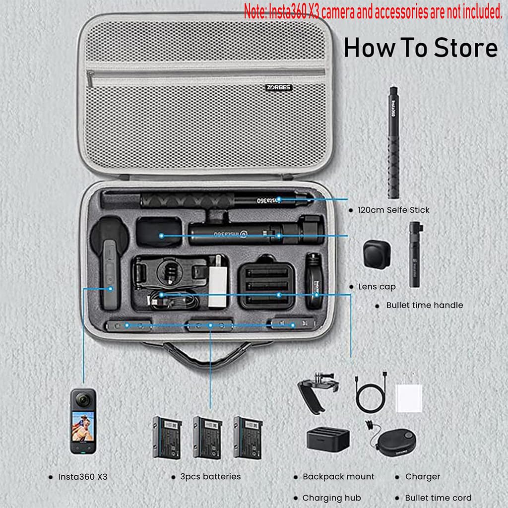 ZORBES Insta360 X3 Carrying Case with Strap Hard Case Storage Bag, Waterproof Storage Bag Hard Shell Camera Bag Protective Travel Case for Insta360 X3 One, Insta 360 x3 Accessories Grey