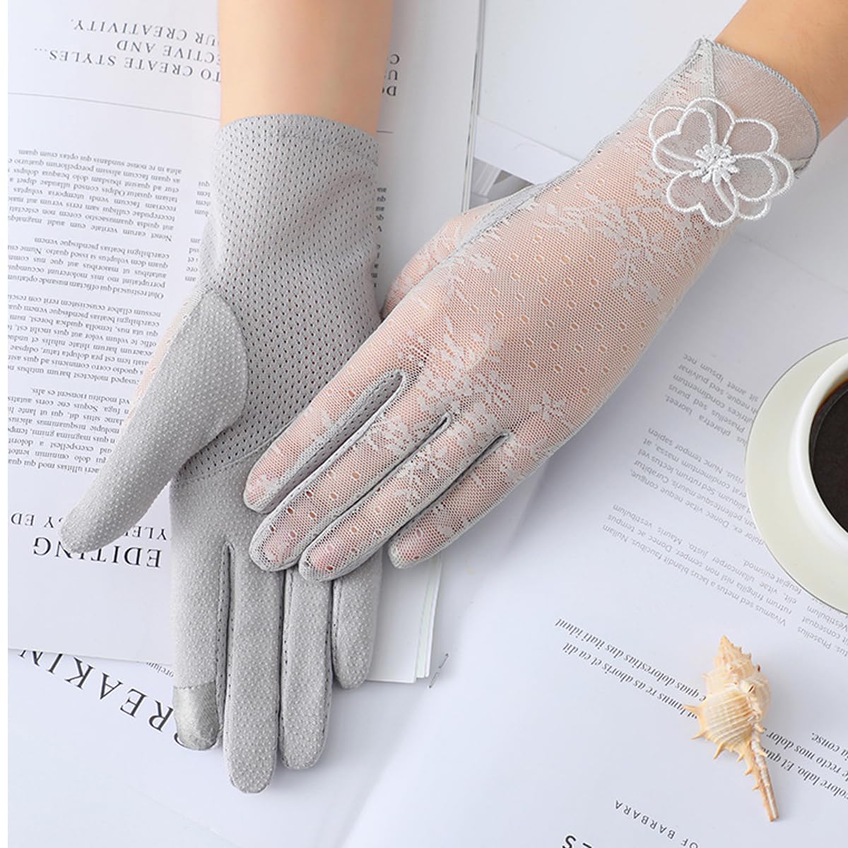 PALAY Sun Protection Gloves for Women Stylish Flower Lace Hand Gloves for Bike Touch Screen Breathable Gloves Grey Summer Cool Silk-Feel for Golfing Fishing - 1 Pair, Non-Slip Design