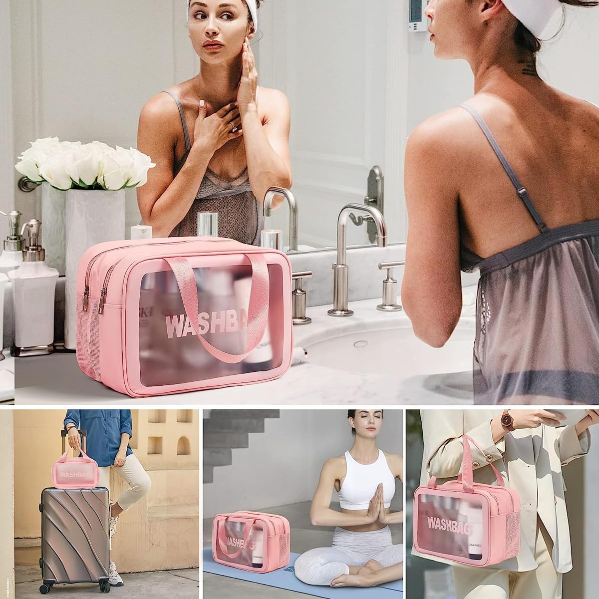 MAYCREATE Travel Toiletry Bag, Large Clear Makeup Bags, 2 in 1 Cosmetics Bag with Zipper Handle, Translucent Waterproof and Draining Travel Accessories Bag, Pink