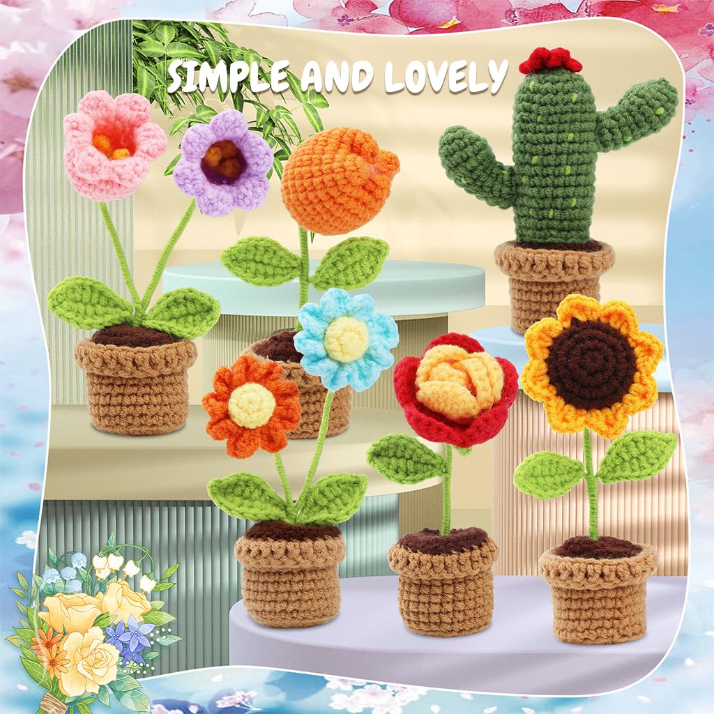 PATPAT DIY Crochet Flower Pot Material Kit Cactus Flowers Crochet Desk Decor Material Kit with Tools & Tutorial Starter Friendly Crochet Flower Material Kit DIY Crochet Christmas Gift, Desk Decor