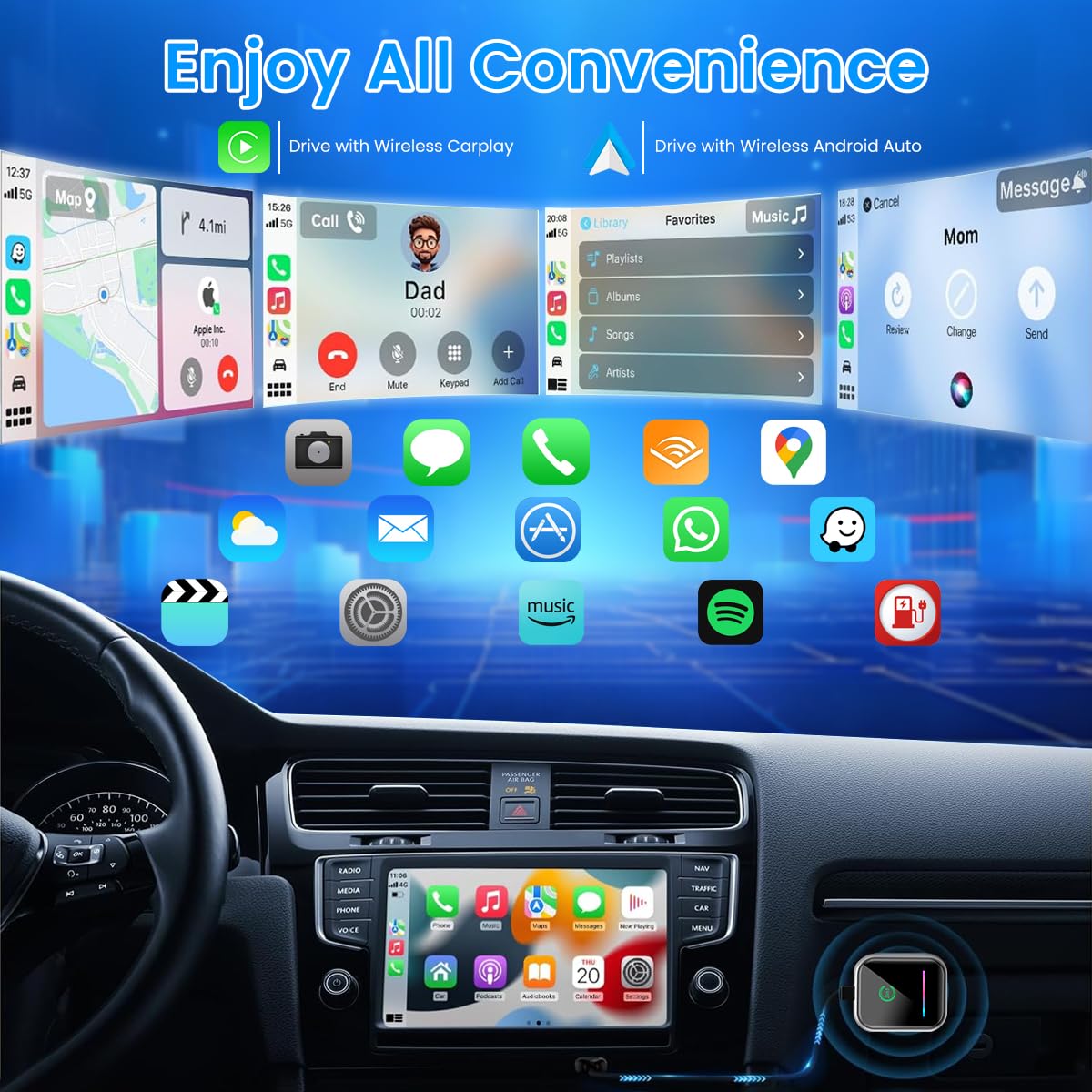 zitronix Carplay and Android Auto Wireless USB Adapter 2 in 1,Wireless Convert for Wired Carplay and Android Auto BT 5.3 & 2.4GHz/5GHz Dual Mold Wifi Connection Plug and Go Universal Wireless Convert
