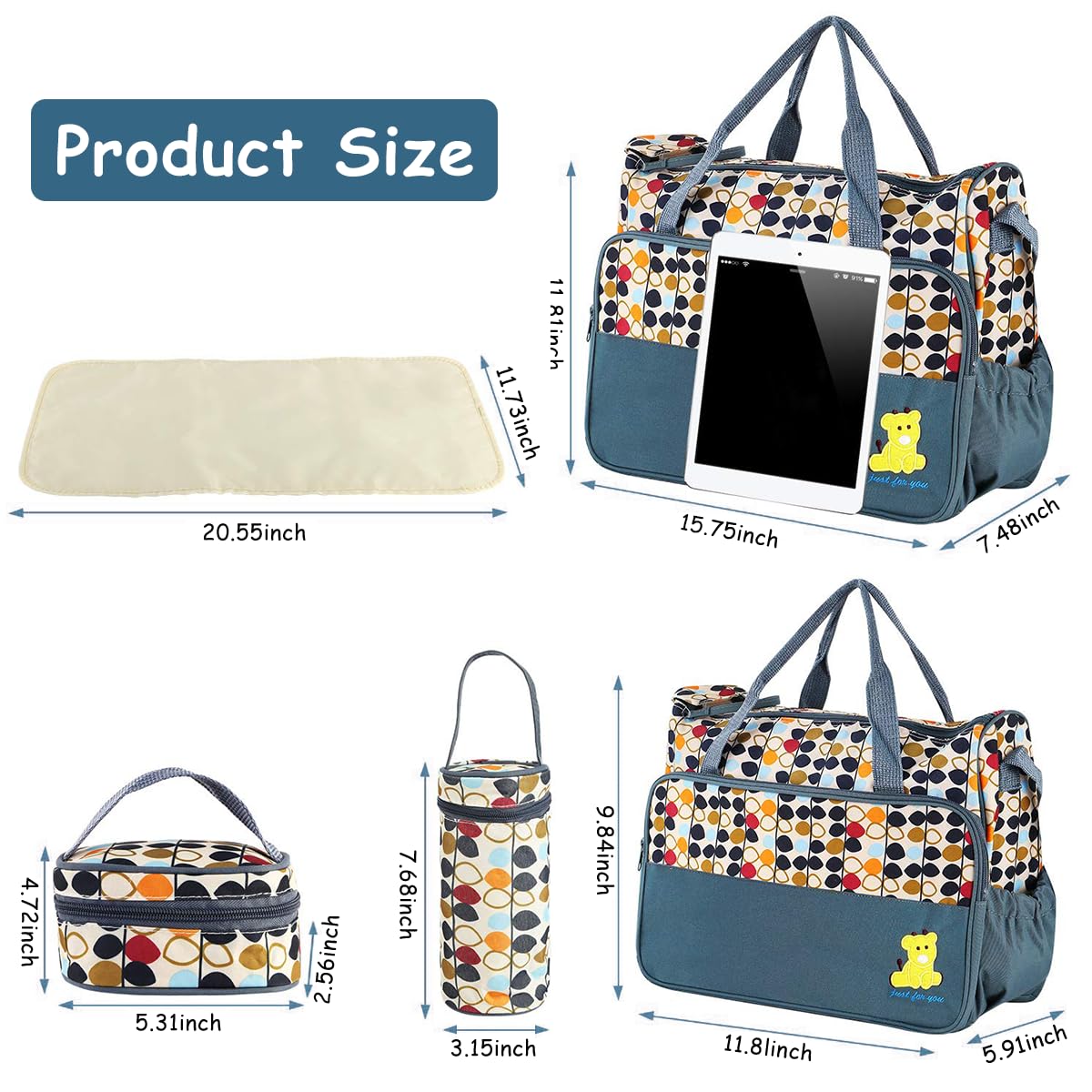 SNOWIE SOFT 5Pcs Motherly Diaper Bag Set Multi-purpose Baby Diaper Bags for Mom for Travel Diaper Bags for Mothers Carry Baby Bags with Water Bottle Bag, Bento Bag, Diaper Change Pad Baby Shower Gift