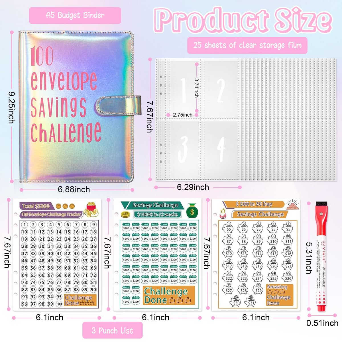 HASTHIP 100 Envelopes Money Saving Challenge Binder Budgeting Planner $5050 Reusable Portable Organizer Money Saving Challenge Book