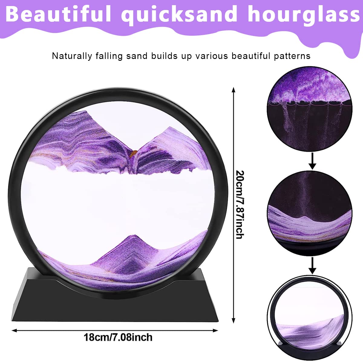 HASTHIP Moving Sand Art Picture Glass Liquid Painting, 3D Deep Sea Sandscape in Motion Display Flowing Sand Frame, Kid's Large Desktop Sand Art Toys, Relaxing Home and Office Decorations, Purple