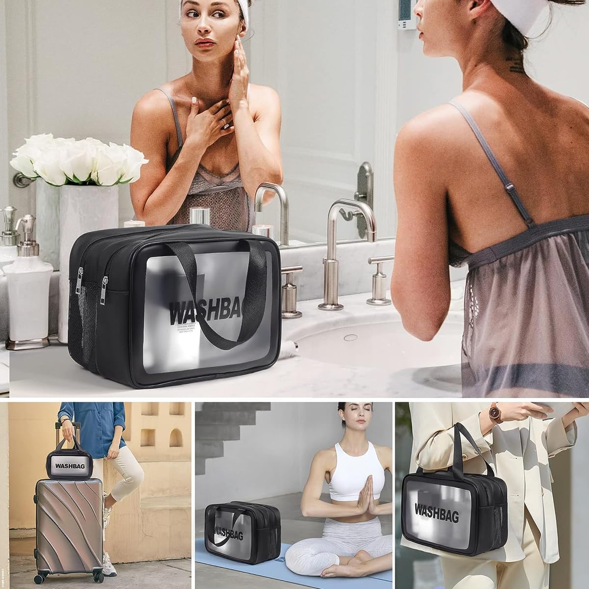 MAYCREATE Travel Toiletry Bag, Large Clear Makeup Bags, 2 in 1 Cosmetics Bag with Zipper Handle, Translucent Waterproof and Draining Travel Accessories Bag, Black
