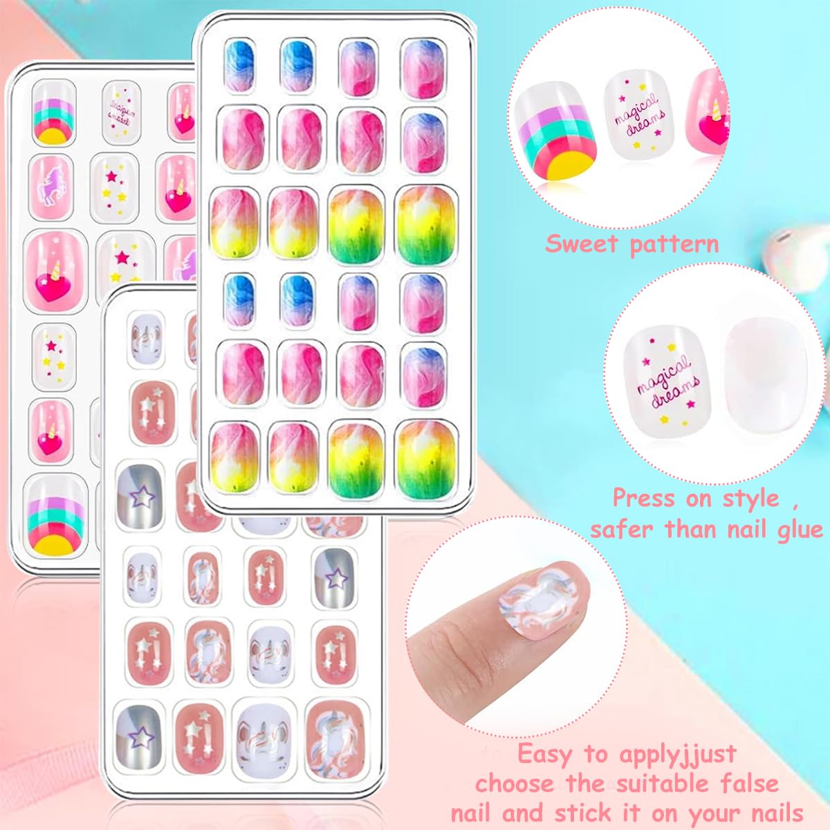 MAYCREATE 72pcs Kids Press-On Gel Nails Cute Cartoon False Nail Press on Fake Nails Full Cover Press On False Nails for Girls Party Favor Gift Press-on Nail for Girls