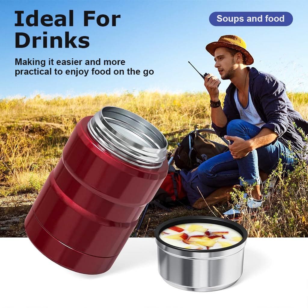 Supvox Vacuum Flask 500ml Insulated Food Jar Vacuum Flask Food with Folding Spoon Double Layer 304 Stainless Steel Vacuum Flask Food Lunch Box Hot Food Vacuum Insulated Jar for Porridge, Soup, Red