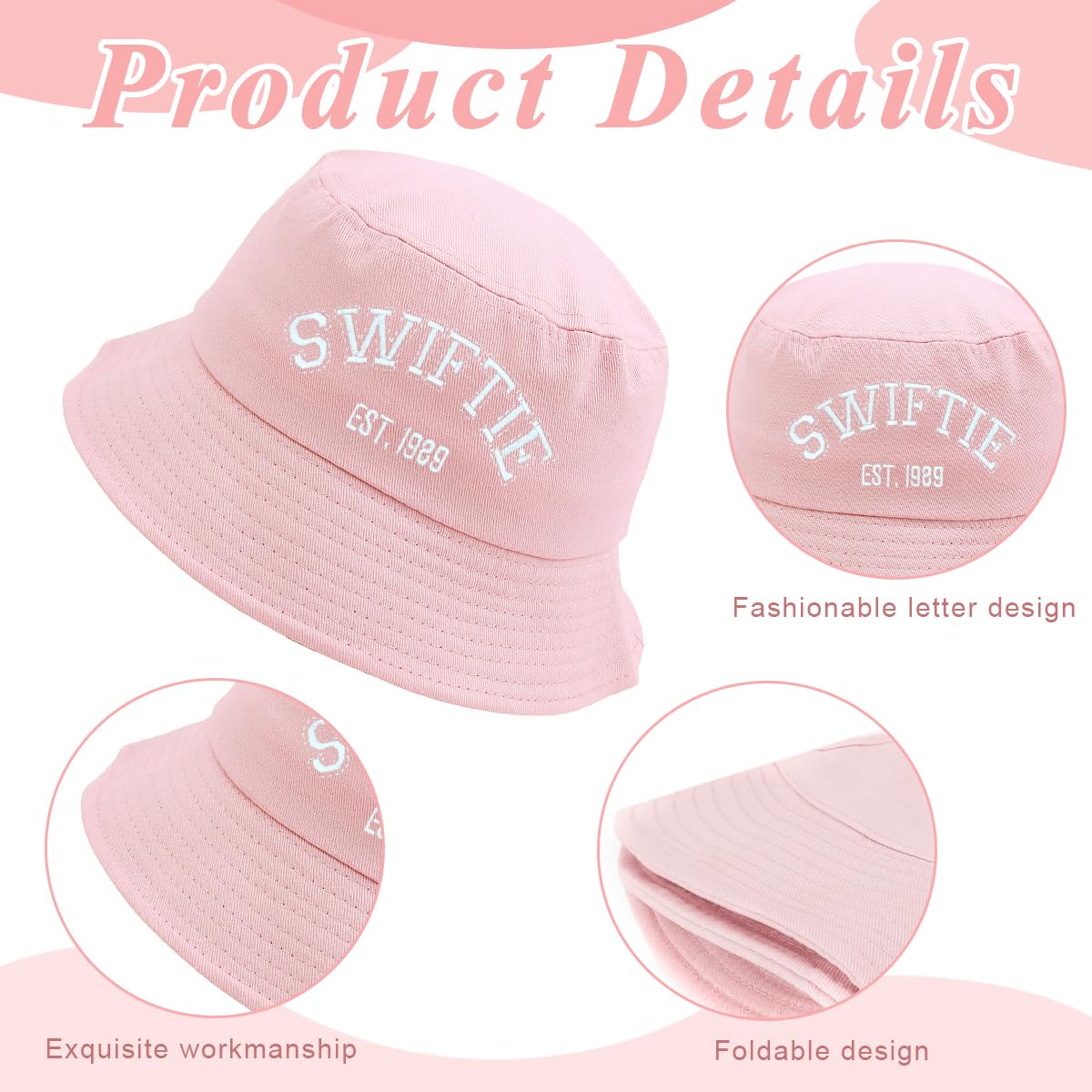 PALAY Girl Summer Bucket Hat Fashion Pink Letter Embroidery Bucket Hat Swiftie Hat Bucket Hat Beach Hat Breathable Sun Hat Travel Outdoor Sun Hat for Girls