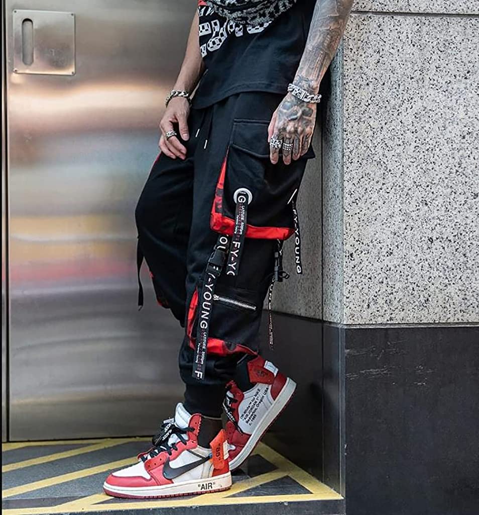 GUSTAVE Cargo Pant for Men Fashion Jogger Pants Track Pants Casual Street Dance Cool Kpop Drawstring Trousers Sweatpants with Pockets (Size L, Black)