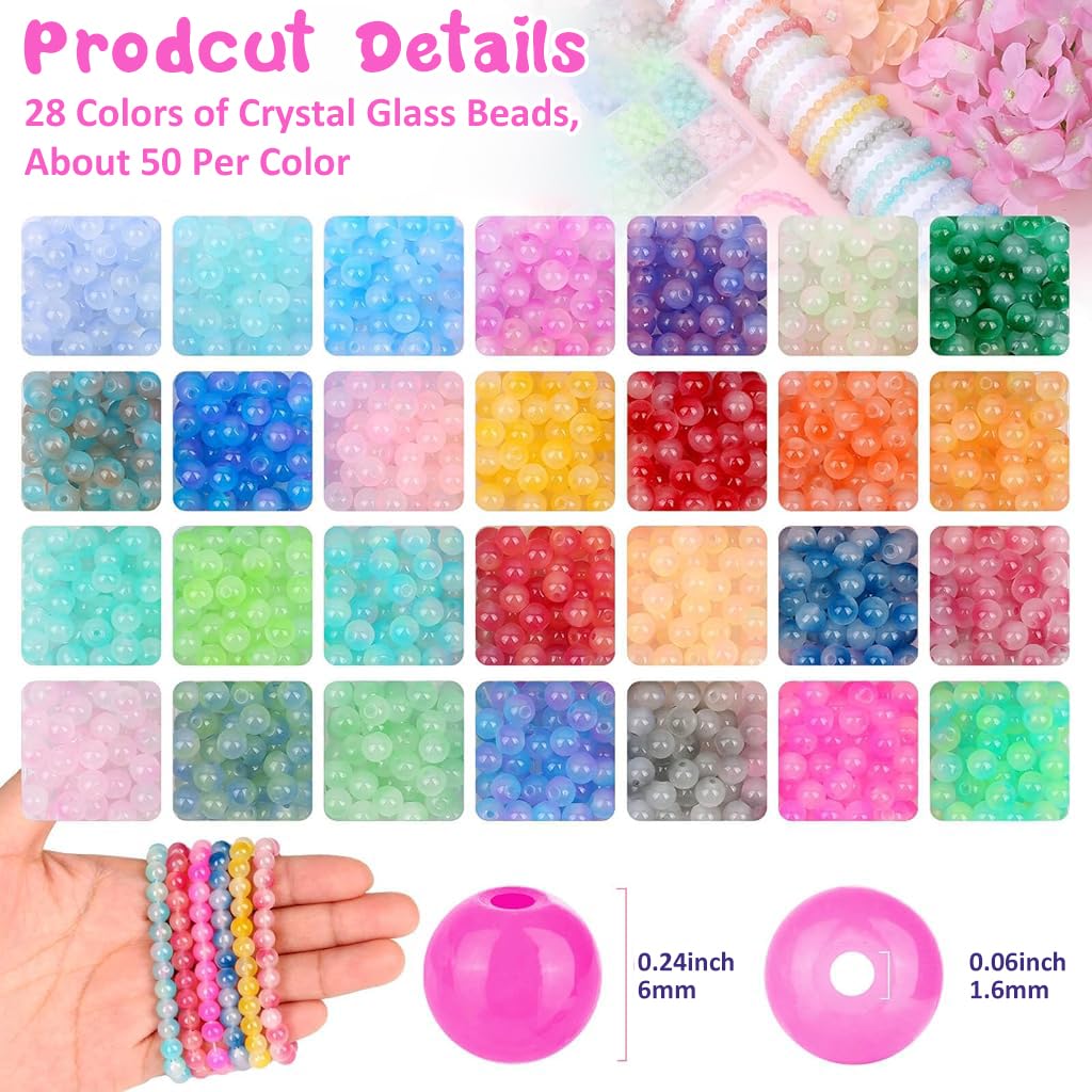 SANNIDHI 1400Pcs 6mm Glass Beads for Bracelet Making, Crystal Beads for Jewellery Making Kit, 28 Colors Gradient Glass Round Beads for Women Girls Earring Necklace Making DIY Crafts