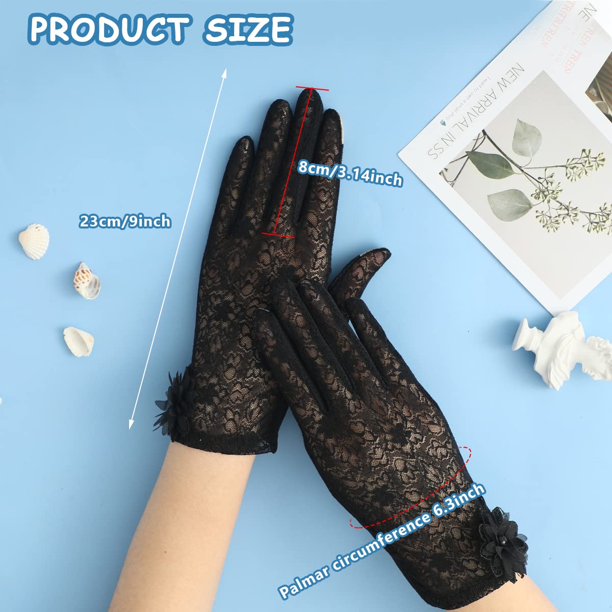 PALAY Lace Gloves for Women Ladies Black Elegant Flower Bridal Gloves Short Sun Protection Gloves for Wedding, Party, Prom, Festival