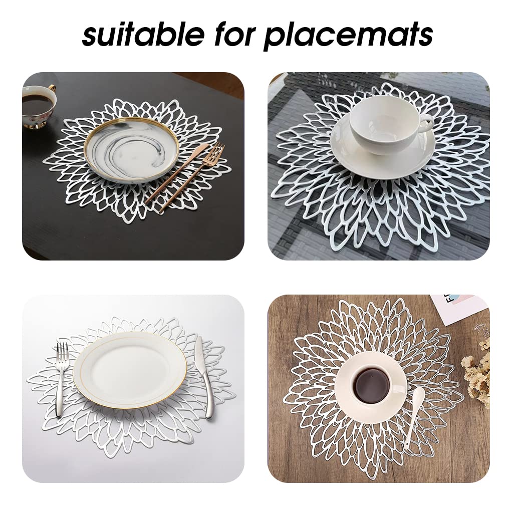 HASTHIP PVC Table Mat, Placemats Sets of 2, 15'' Round Leaf Place Mats, Cutwork Design Dining Table Mats, Washable Heat Resistant Vinyl Table Mats for Morden Kitchen Dining Table Wedding (Silver)