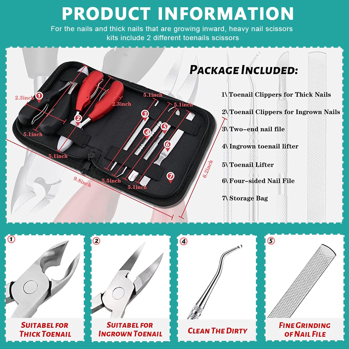 HASTHIP Professional Heavy Duty Curved Blade Ingrown Toenail File Correction Clippers Tool Manicure Set with Storage Bag for Adults, Seniors Thick Nails
