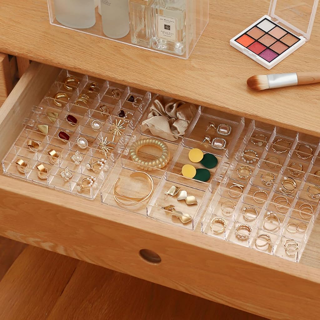 HASTHIP® Jewelry Organizer Box,72-Compartment Stepped Triple-tier Clear Acrylic Jewelry Organizer Box,Pull Out Design Dainty Storage Case for Earring Ear Studs Slim Necklace Valuables