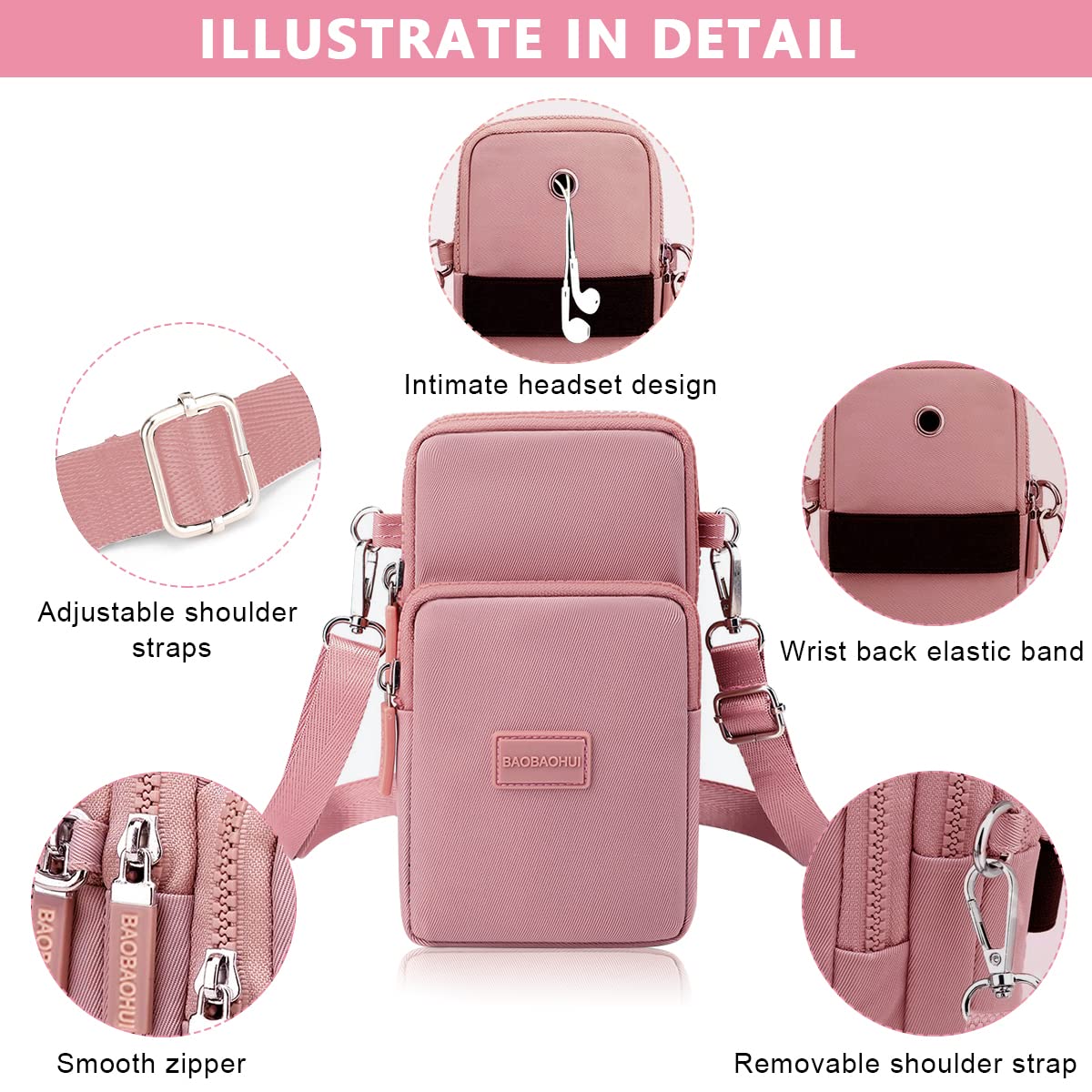 GUSTAVE Pink Mini Wallet Shoulder Small Crossbody Phone Bag for Women with Earphone Cable Hole Wallet Clutch Bag for Women