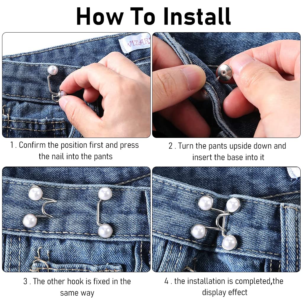 SANNIDHI 6 Pack Detachable Jeans Button Pins, Instant Adjustable Waist Buckle for Loose Jeans, Pearl Crystal Jeans Waist Adjuster Tightener for Pants, Skirt (No Sew Required)