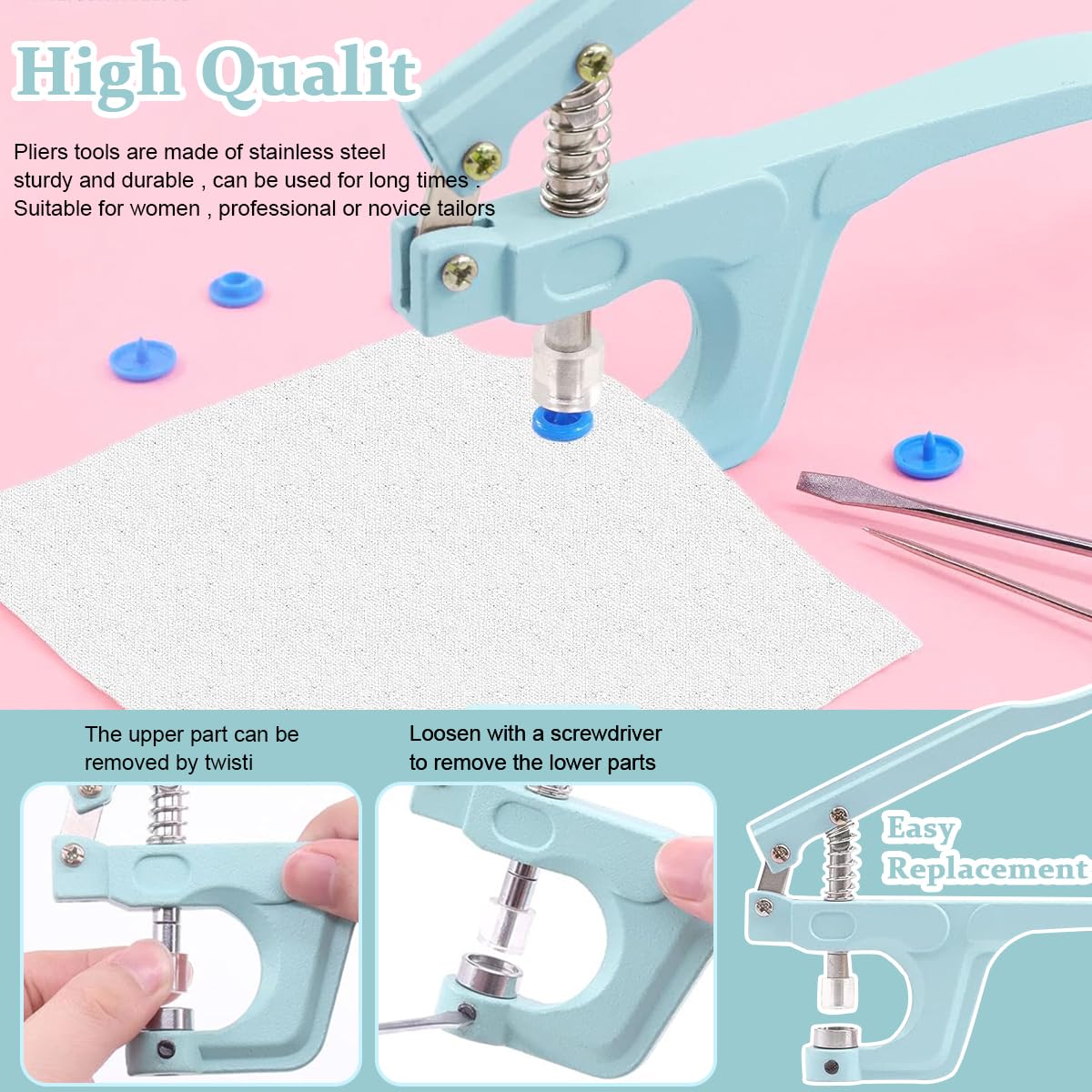 HASTHIP Snap Buttons with Snap Pliers Set, Sewing Snap Button Machine Fastener and 300 Sets Plastic & Metal Snap Buttons Kit for Repairing, Sewing and DIY Crafting
