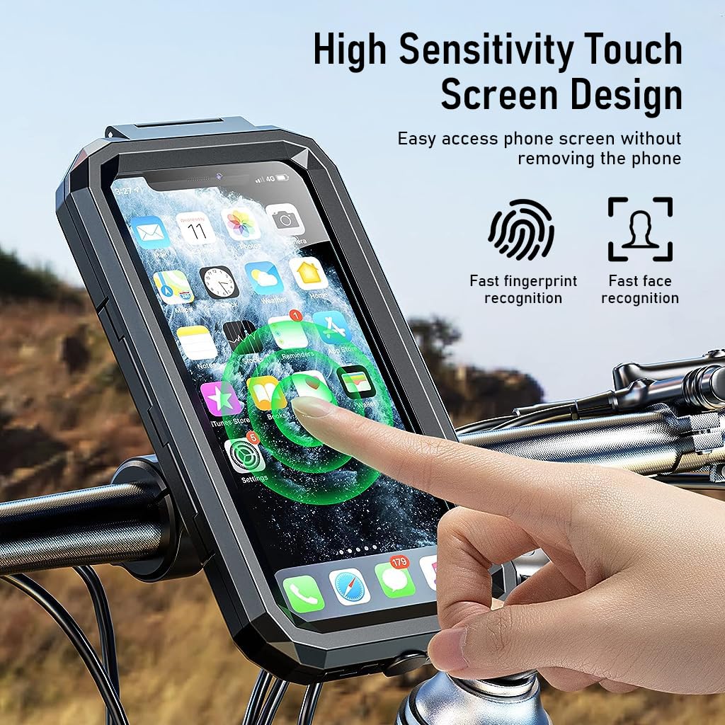 STHIRA Mobile Holder for Bike, 360 ° Rotatable Outdoor Waterproof Phone Mount Holder with Aluminum Alloy Installation Base Anti-Glare Touch Screen Design Phone Holder for 6.1'' Phone and Below