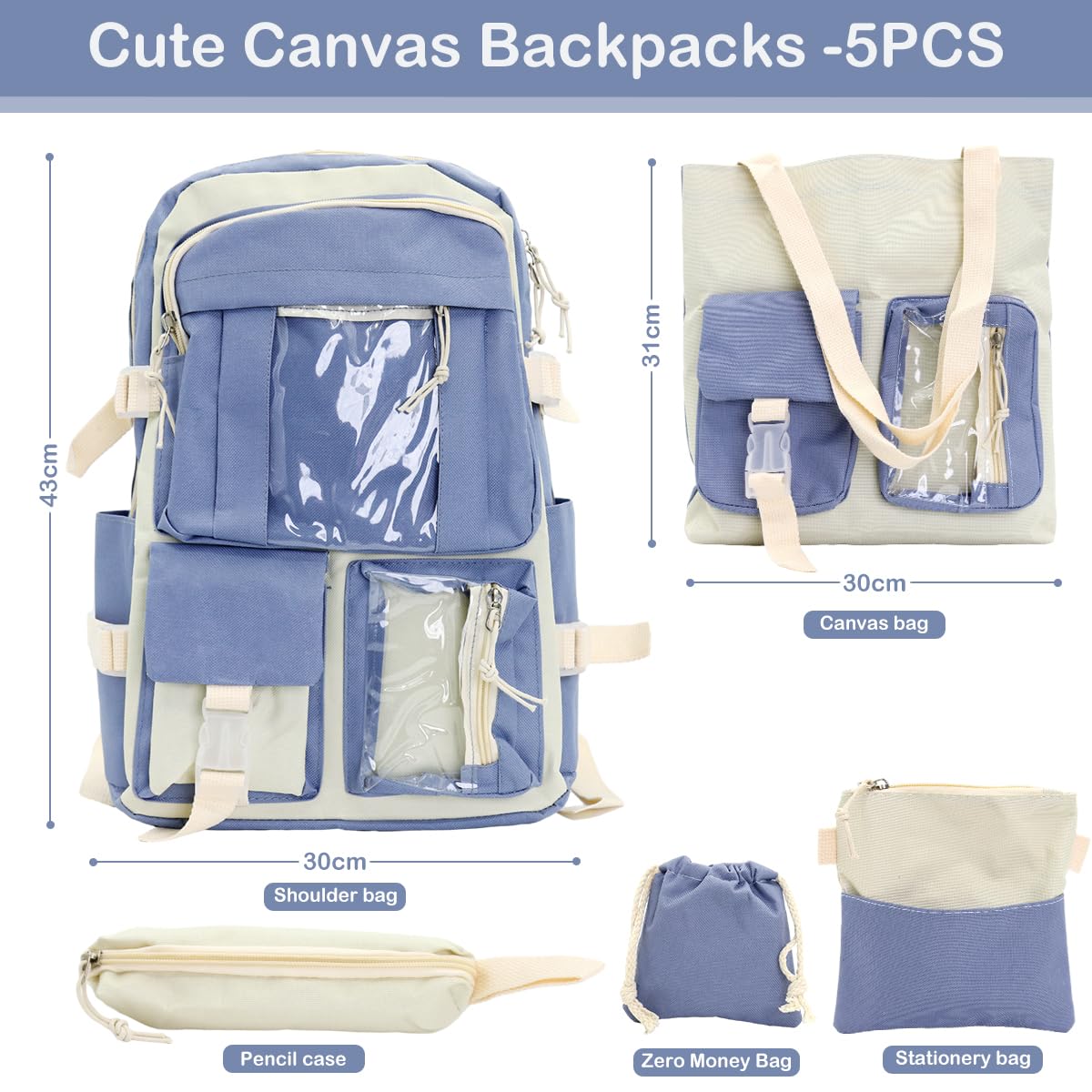 PALAY Cute Backpack for Girls Canvas Backpacks Set with Canvas Tote Bag Waterproof Multi-Pocket Kawaii School Backpack for Kids Laptop School Bag
