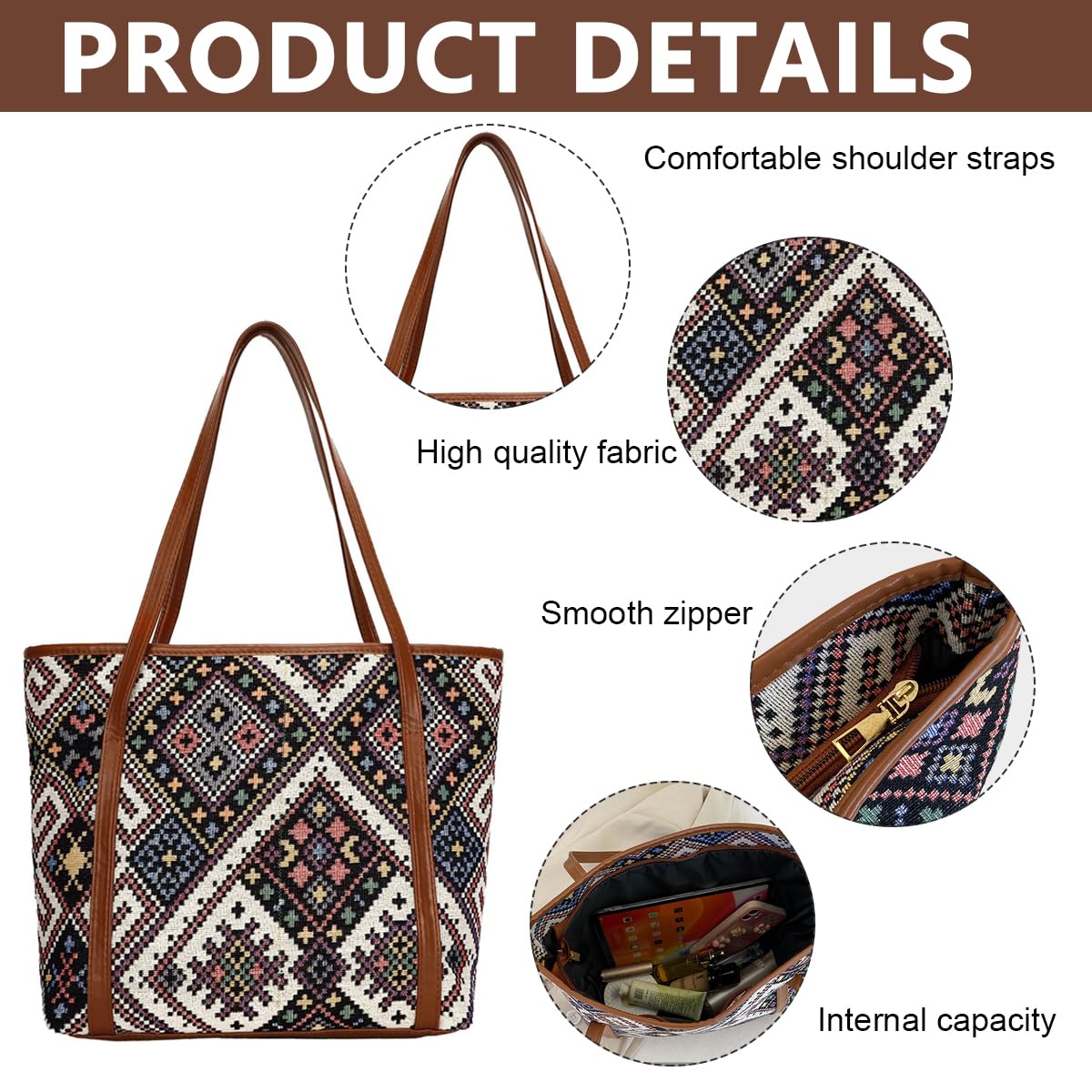 PALAY Tote Bags for Women Stylish Jacquard Print Handbags for Women With Zipper Closure Leather Shoulder Belt Large Capacity Shoulder Bag for Shopping, Commuting, School