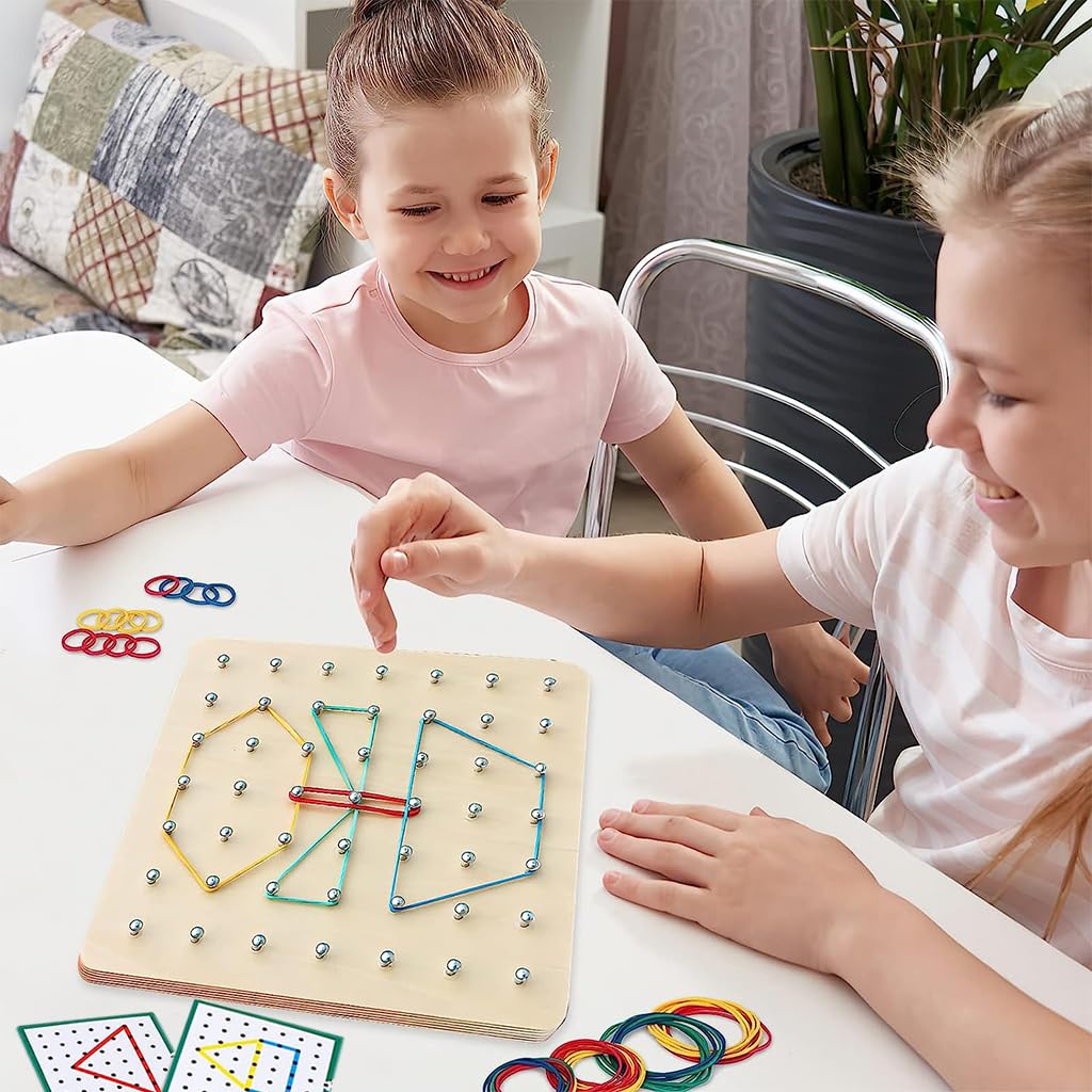 PATPAT Wooden Geoborad Wooden Toys for Kids Wooden Puzzles for Kids Montessori Toys, Portable Busy Board for Kids, Fine Motor Skill Toys for Kids, Wooden Game Board with Pattern Cards & Rubber Band