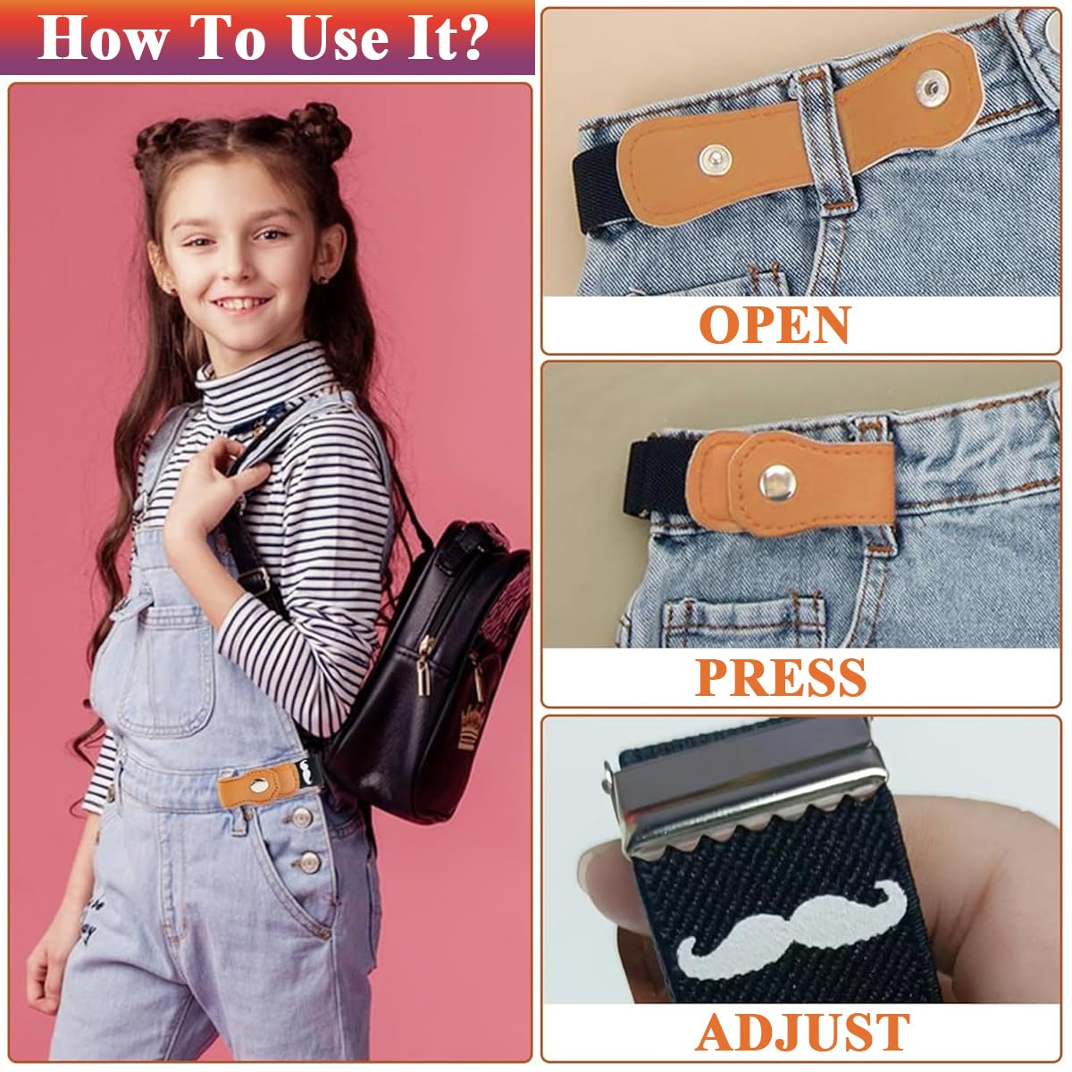 SNOWIE SOFT 2Pcs Kids Adjustable Waist Belt Buckle Free Webbing Nylon Stretchy Jeans Belt with Snap Button Closure Buckle Free Rainbow Waist Belt for Boys and Girls