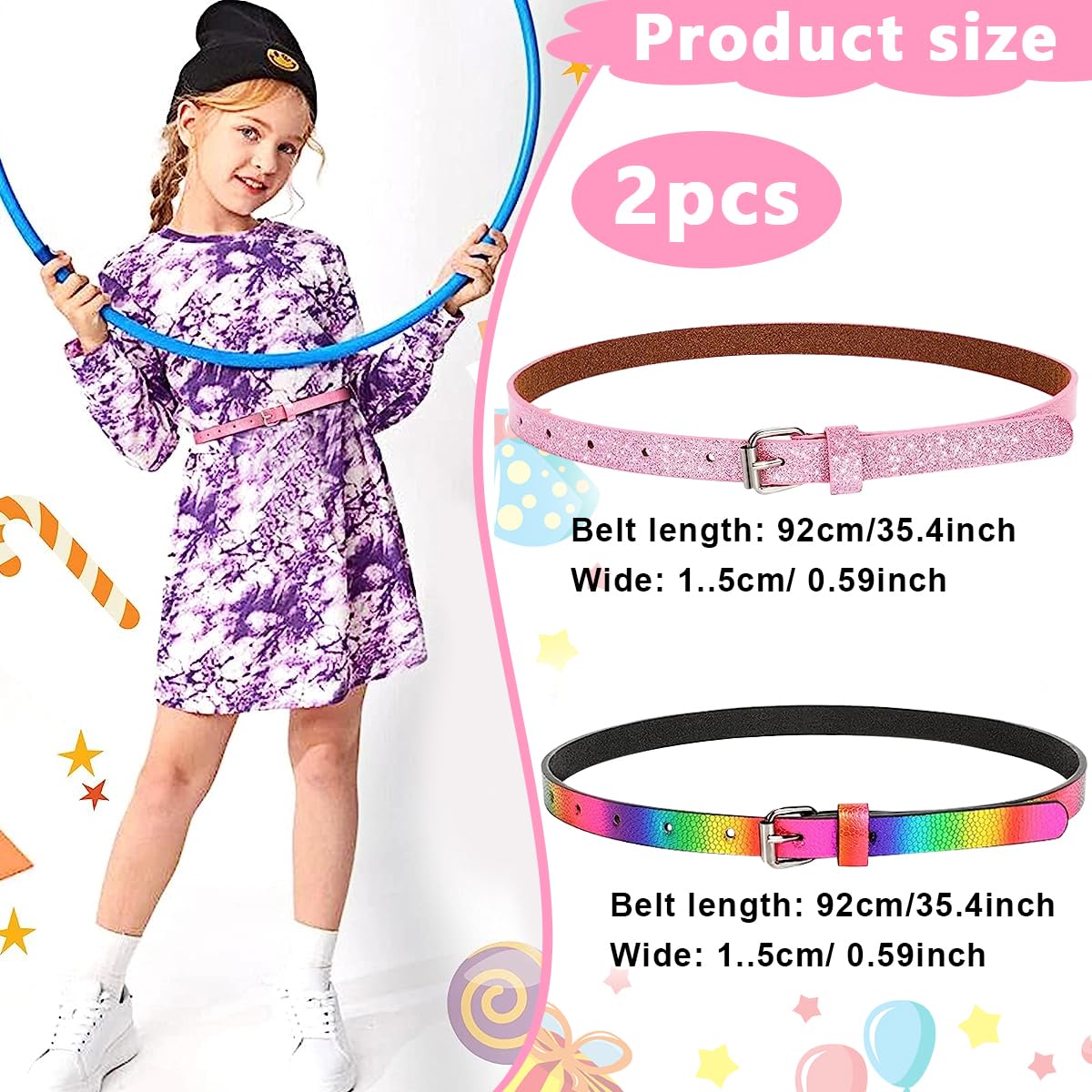PALAY 2 Pack Belt for Girls, Glittering PU Leather Girls Belt, Rainbow Waist Belt for Jeans Pants Dress, 35.4in Metal Buckle Belt for Kids Girl 6-12 Years Old (Pink & Rainbow)