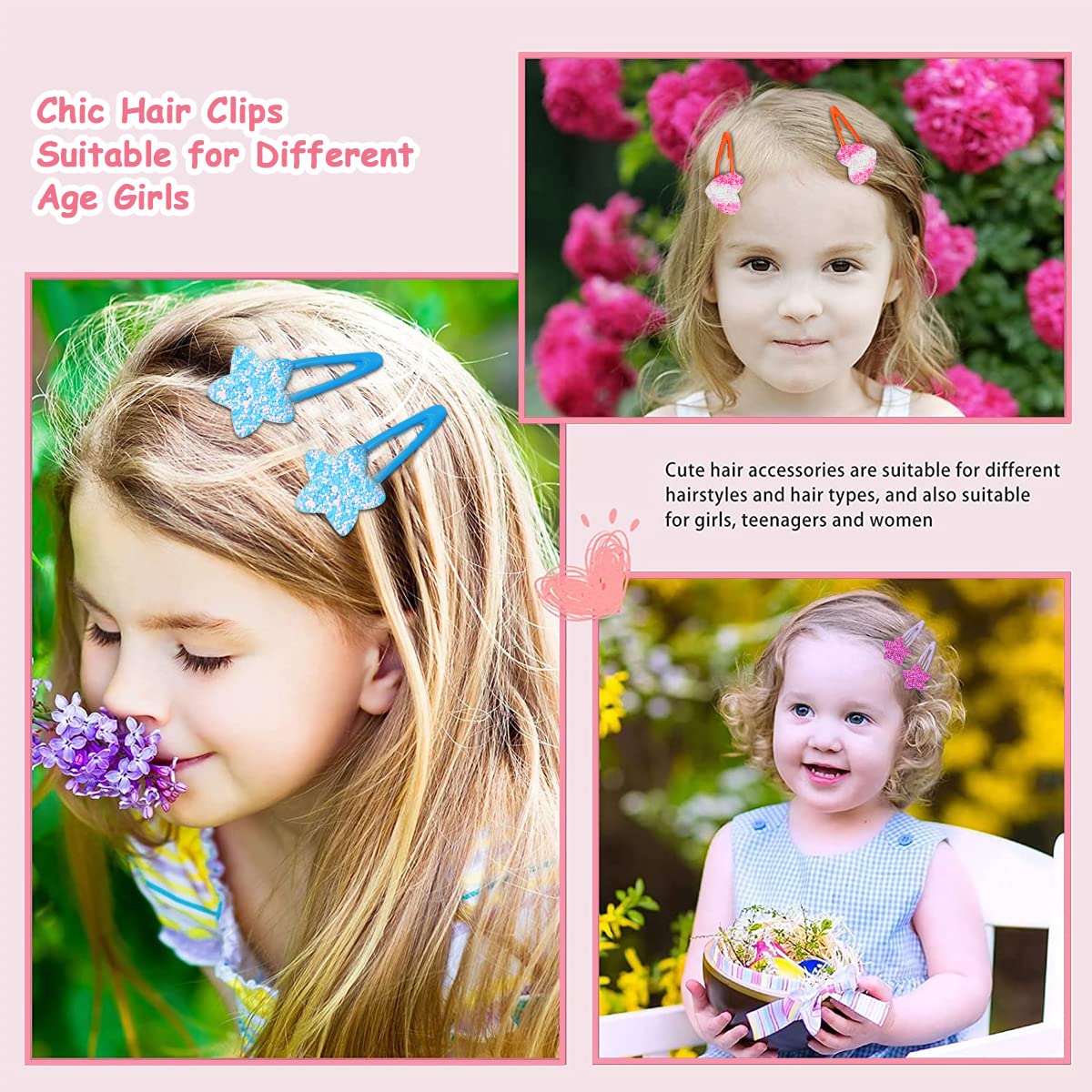 PALAY 24pcs Hair Clips for Girls Kids, Sparkle Glitter Sequins Metal Snap Hair Pins Barrettes Star/Heart/Butterfly Shaped Hair Accessories for Baby Girls Gift Set