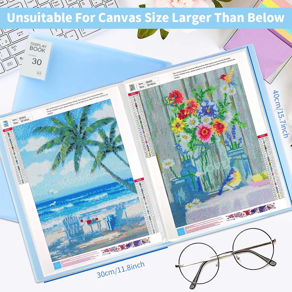 HASTHIP A3 30 Pages Diamond Painting Storage Book for Diamond Painting Kits, Clear Folder Storage Bag, Art Portfolio Painting Storage Book for Diamond Painting Kit, 16.9X12.6inches (Blue)
