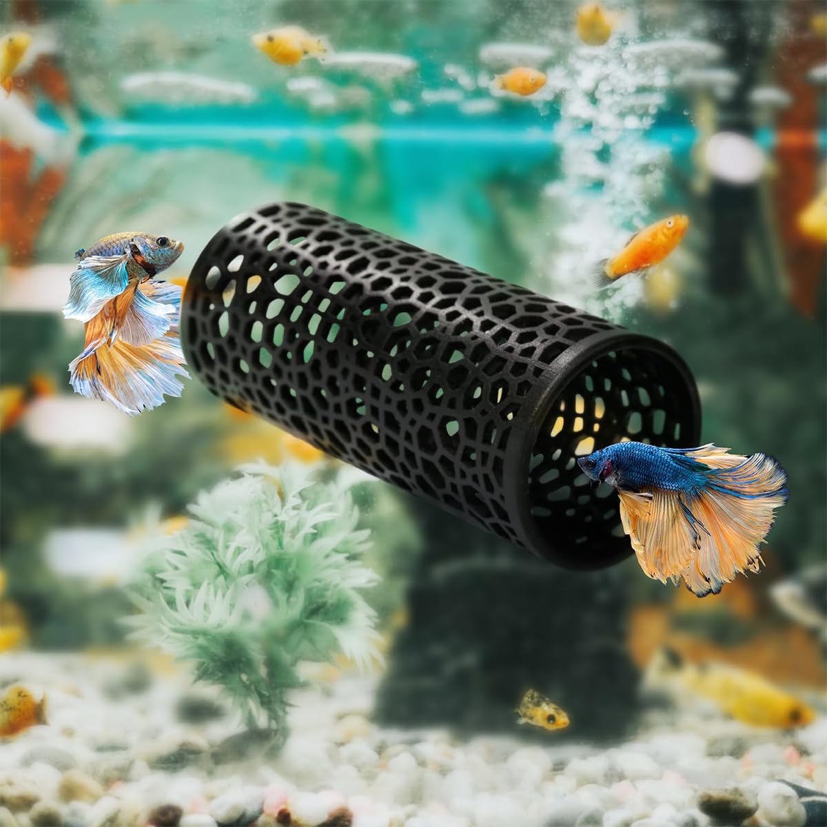 Qpets Betta Fish Tank Accessories Decoration with Suction Cup, Fish Hide Cave Tunnel Plastic Mesh Fish Tank Landscape Decoration Ornament - 2Pcs