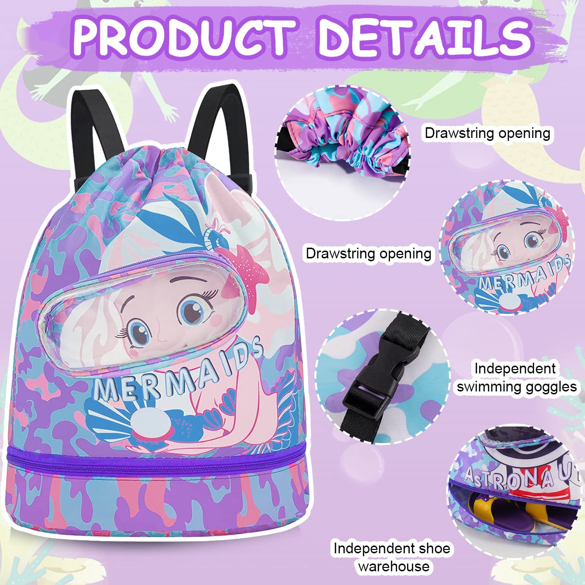 PALAY Swimming Bag for Kids Cartoon Print Shoulder Bag for Kids Large Capacity Backpack for Girls Wet Dry Separation Beach Bag Storage Bag for Clothes, Swimming Goggles
