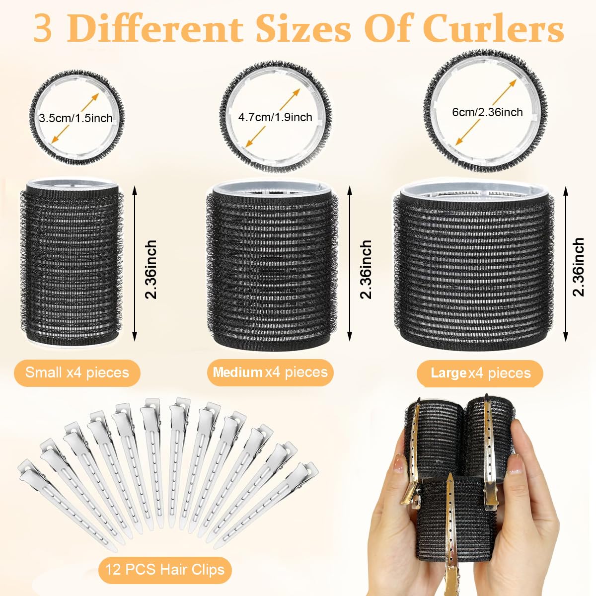 MAYCREATE Heatless Hair Roller for Women Girls, 12pcs Hair Curler Rollers 3 Sizes (4 Jumbo, 4 Large, 4 Medium) & 12 Bang Clips Kit for Thin Thick Volume Hair - Black