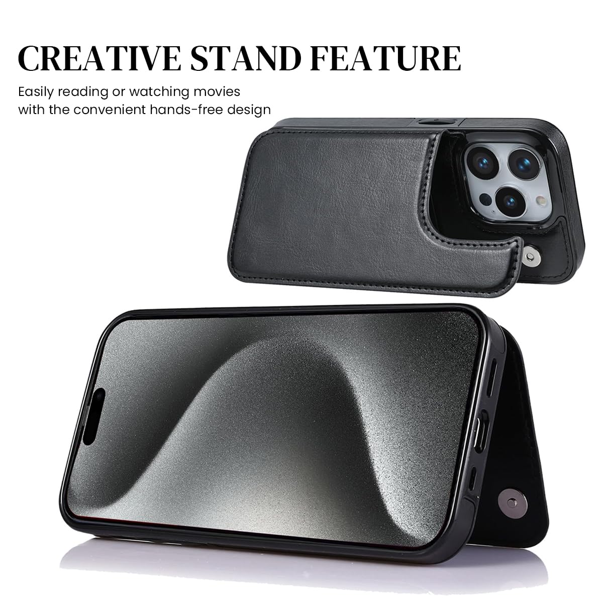 ZORBES Leather Phone Case for iPhone 15 Pro Max Stylish PU Phone Case with 4 Card Slots 2 in 1 Leather Phone Case for iPhone 15 Pro Max Snap Button Flip-Open Leather Wallet Phone Case Black