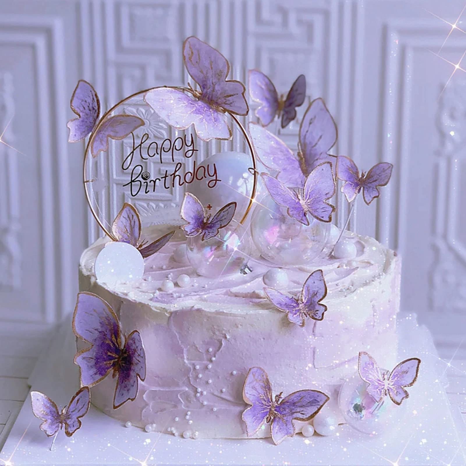 HASTHIP 56Pcs Set Butterfly Cake Decorations with Happy Birthday Cake Toppers for Girls Birthday, Party Decor Cute Cake Decoration Items (Purple)