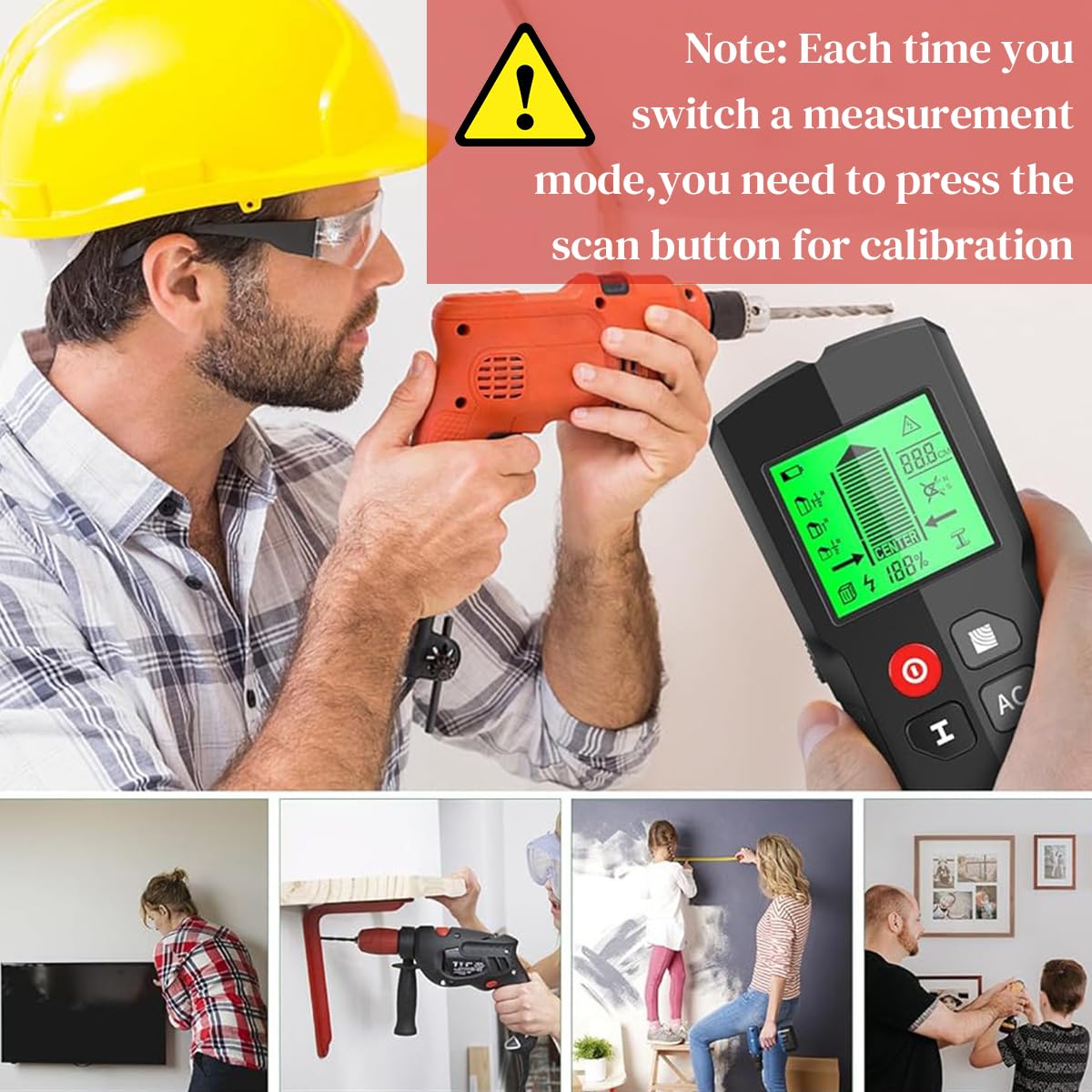 Serplex 5 in 1 Stud Finder Wall Scanner Smart Stud Sensor with LCD Display & AC Wire Warning Metal Detector on Wall Precisely Locating Metal, Wood, AC Wire, Studs, No Battery