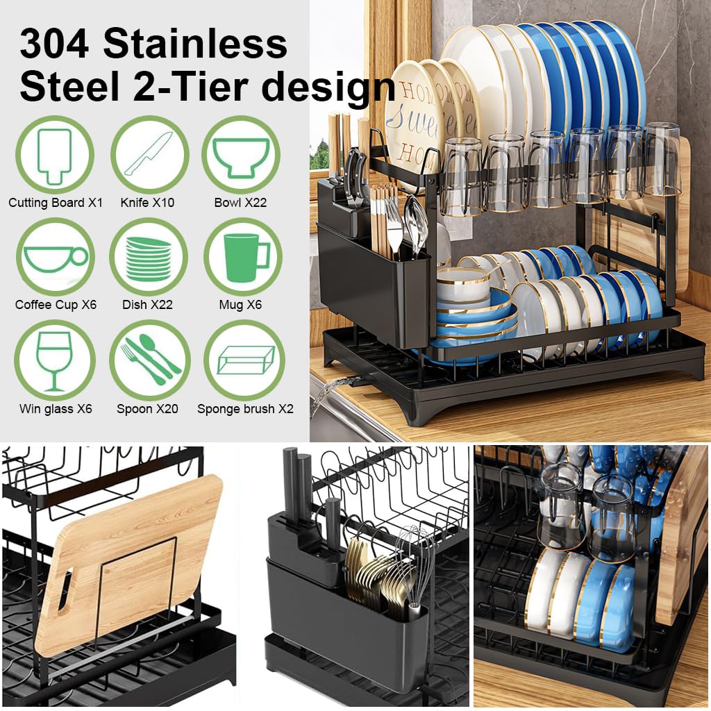 Supvox Dish Drying Rack Kitchen Organizer Countertop Double Layer Dish Drain Rack Kitchen Organizer Cup Drying Rack Kitchen Carbon Steel Plates Drying Rack Large Dish Drainer Kitchen Organizer
