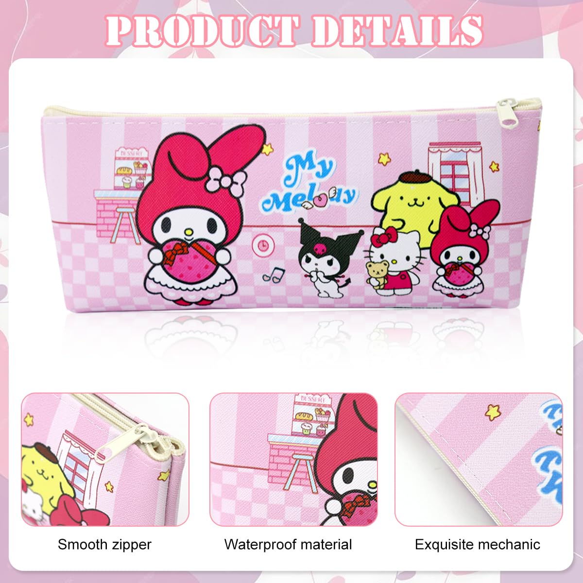 Climberty 6Pcs Sanrio Cartoon Pencil Pouch for Students Cinnamoroll Pencil Pouches School Girls Cartoon Print Kitty Pencil Pouches PU Stationeries Zipper Pouches School Gifts for Girls, 21x8x3cm