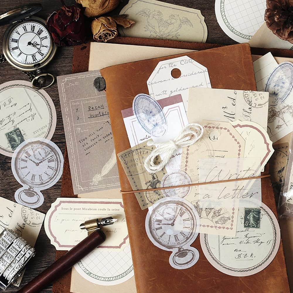 HASTHIP 120 Piece Vintage Scrapbook Stamp Stickers Aged Antique Stickers Parchment Old Retro Paper Stickers for Personal Retro Crafts, Journaling Projects and Paper Collection Supplies