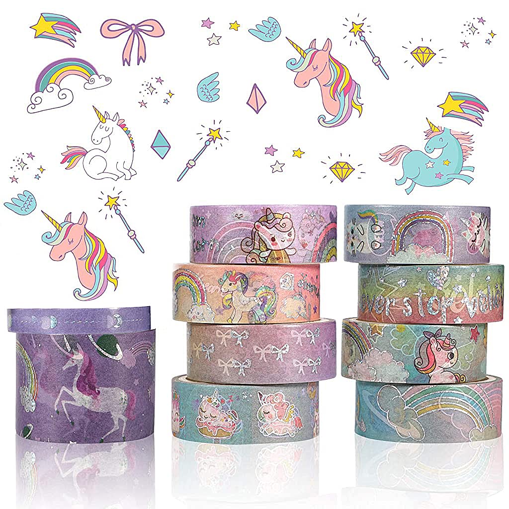 HASTHIP 10 Rolls Unicorn Washi Tape Glitter Unicorn Pattern Washi Tape Decorative Adhesive Tape for DIY ,Beautify Bullet Journals,Planners