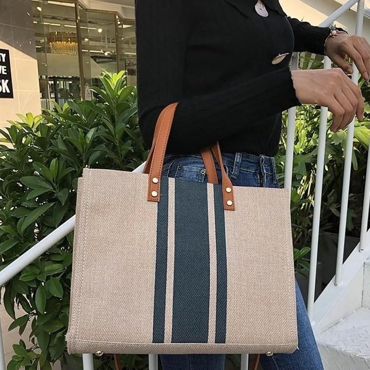 PALAY Tote Bag Women Large Canvas Tote Bag Shoulder Bag Briefcase Crossbody Bag with Shoulder Belt Fashion Women Tote Bag Casual Tote Bag for Daily, Travel, 13.38 x 5.51 x 10.62 Inches