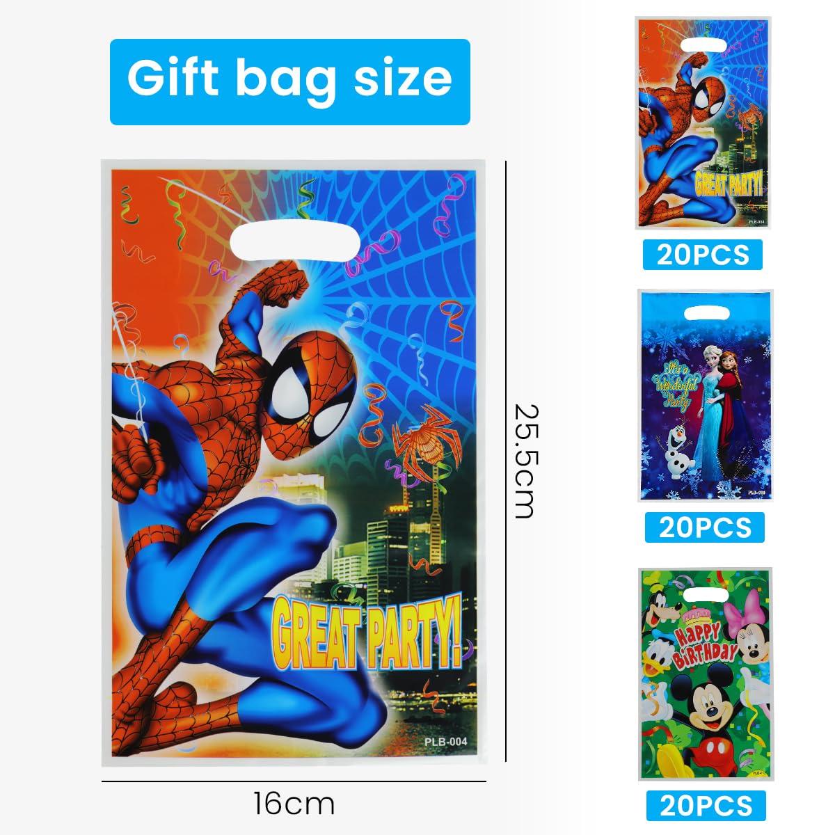 HASTHIP 60Pcs Superhero Spiderman, Mickey, Frozen Cute Party Gift Bags Candy Favors Bags for Kids Birthday Cartoon Theme Party Baby Shower Decorations
