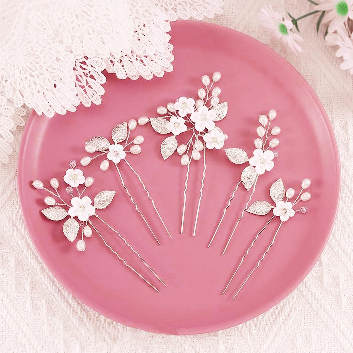 SANNIDHI 5pcs Wedding Hair Pins for Women Stylish Flower Bride Hair Accessories, Faux Pearl Bride Hair Bun Accessories for Women, Silver Leaf Bridal Hair Pins for Women Girls Bridesmaids