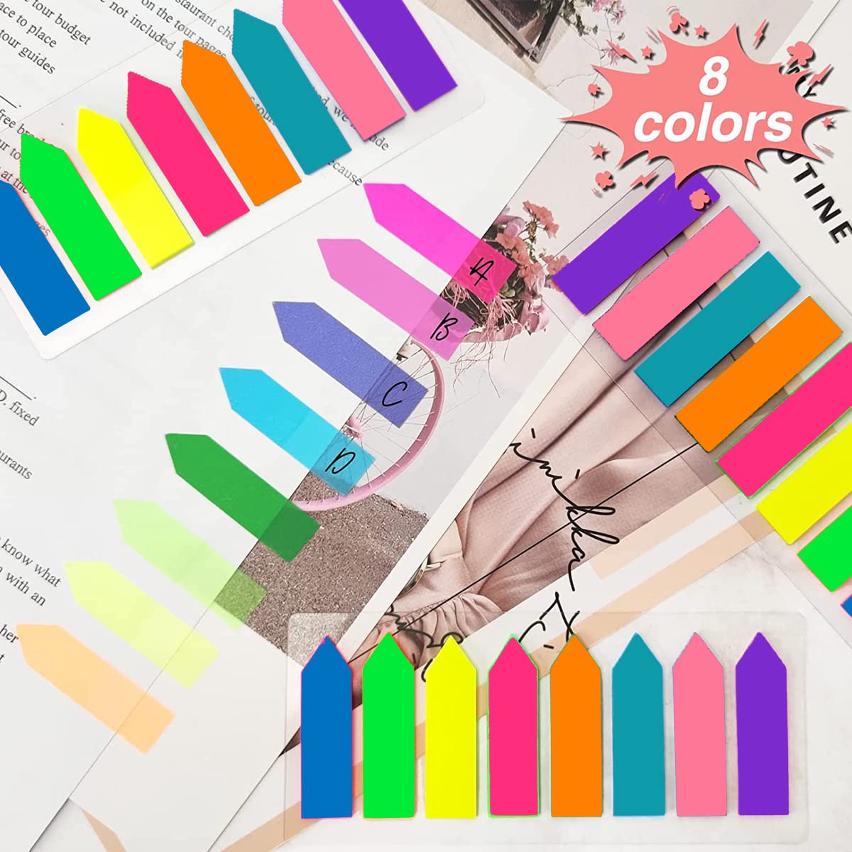 HASTHIP Sticky Notes 8 Colors Sticky 1600pcs Fluorescent Color Index Tabs Sticky Tabs for Notebook, Books, PET Material Page Tabs Sticky Flags File Index Tabs Office Stationery