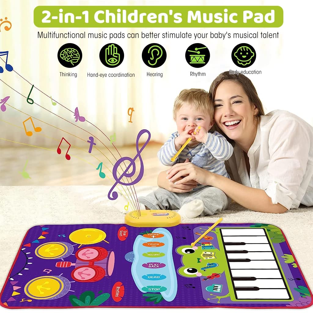 PATPAT Musical Mat for Kids 31.4x19.6 inch 2 in 1 Baby Piano Play Mat & Drum Musical Mat for Kids Musical Toys with 2 Drum Sticks Early Educational Toys Gifts for 1/2/3/4/5/6 Year Old Boys Girls