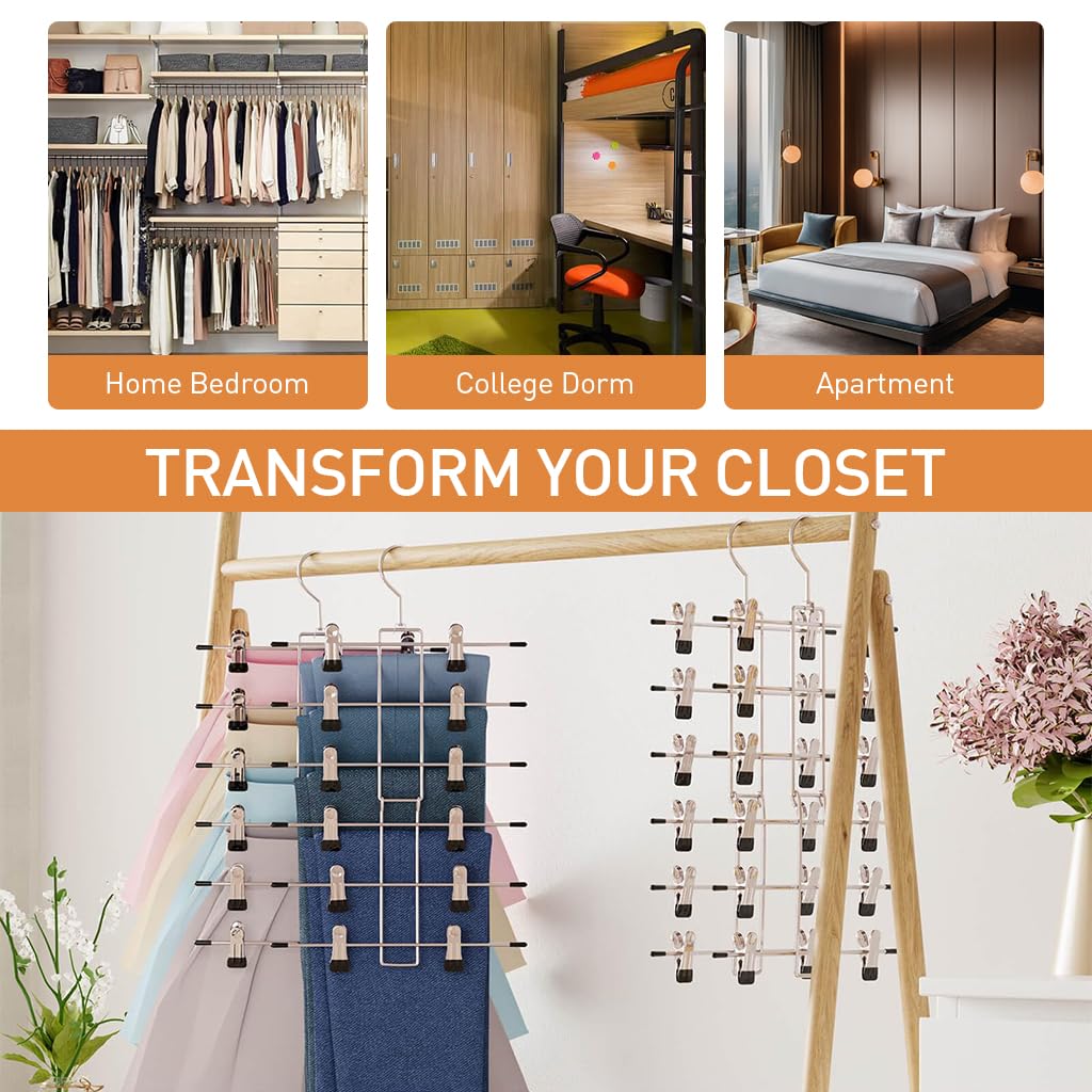 HASTHIP 2 Pack Hangers, Pants Hangers- 6 Tiers Skirt Hangers with 360° Swivel Hook, Hangers Space Saving Hanging Closet Organizer with Clips, Closet Organizers and Storage -Clothes Hangers