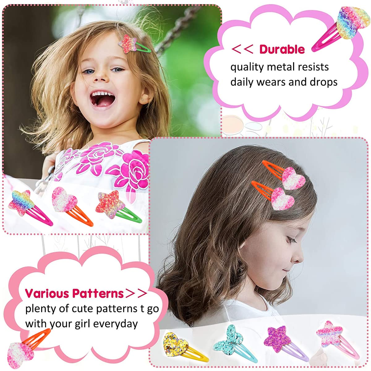 PALAY 24pcs Hair Clips for Girls Kids, Sparkle Glitter Sequins Metal Snap Hair Pins Barrettes Star/Heart/Butterfly Shaped Hair Accessories for Baby Girls Gift Set
