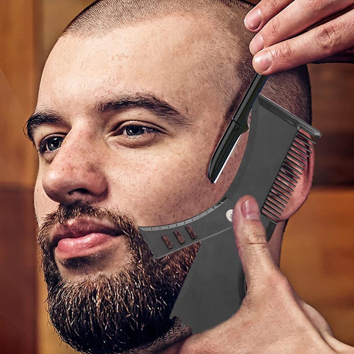 HASTHIP Beard Shaper Kit | Complete Shaping & Styling Tools Set with Adjustable Template, Razors, Barber Pencil - Many Styles Beard Stencil Guide Template Outliner for Men, Husband Gift